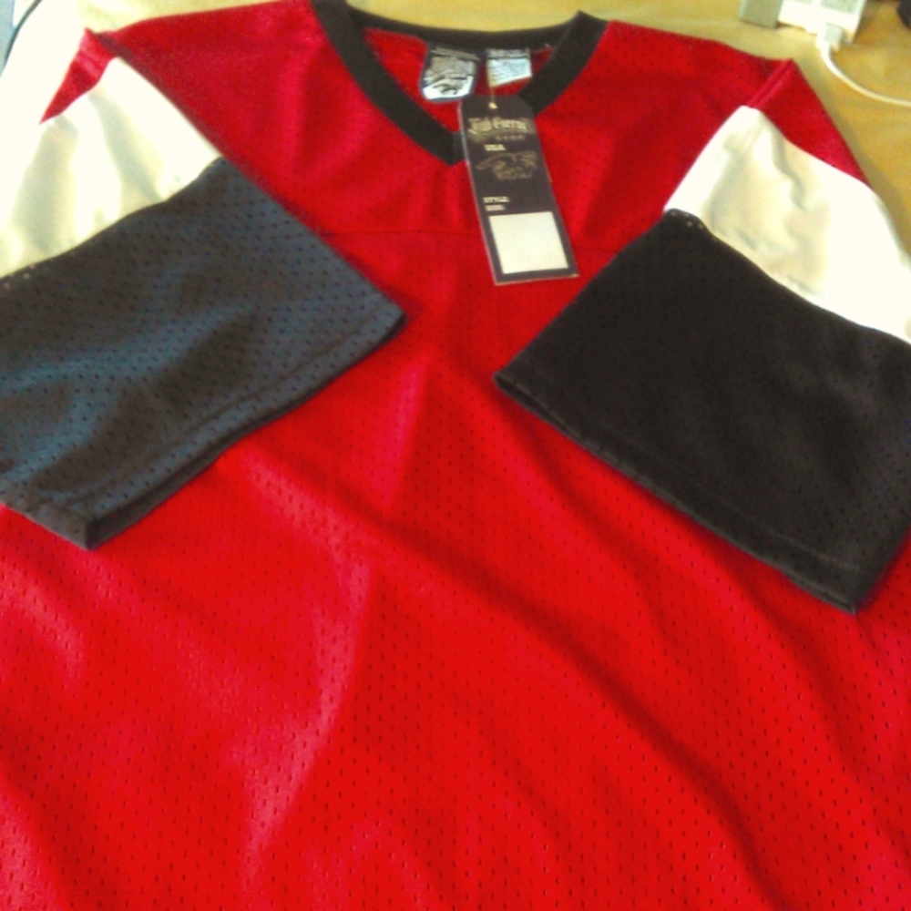 BNWT VINTAGE MENS SPORTS JERSEY RED, WHITE & BLACK SZ. XL BY HIGH ENERGY SOFT